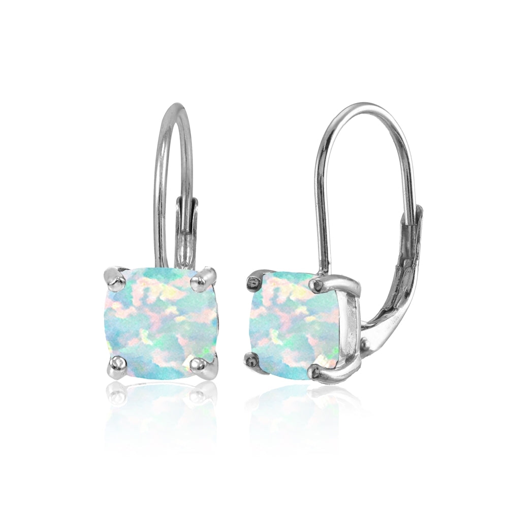 Sterling Silver Created White Opal 7x7mm Cushion-Cut Leverback Earrings