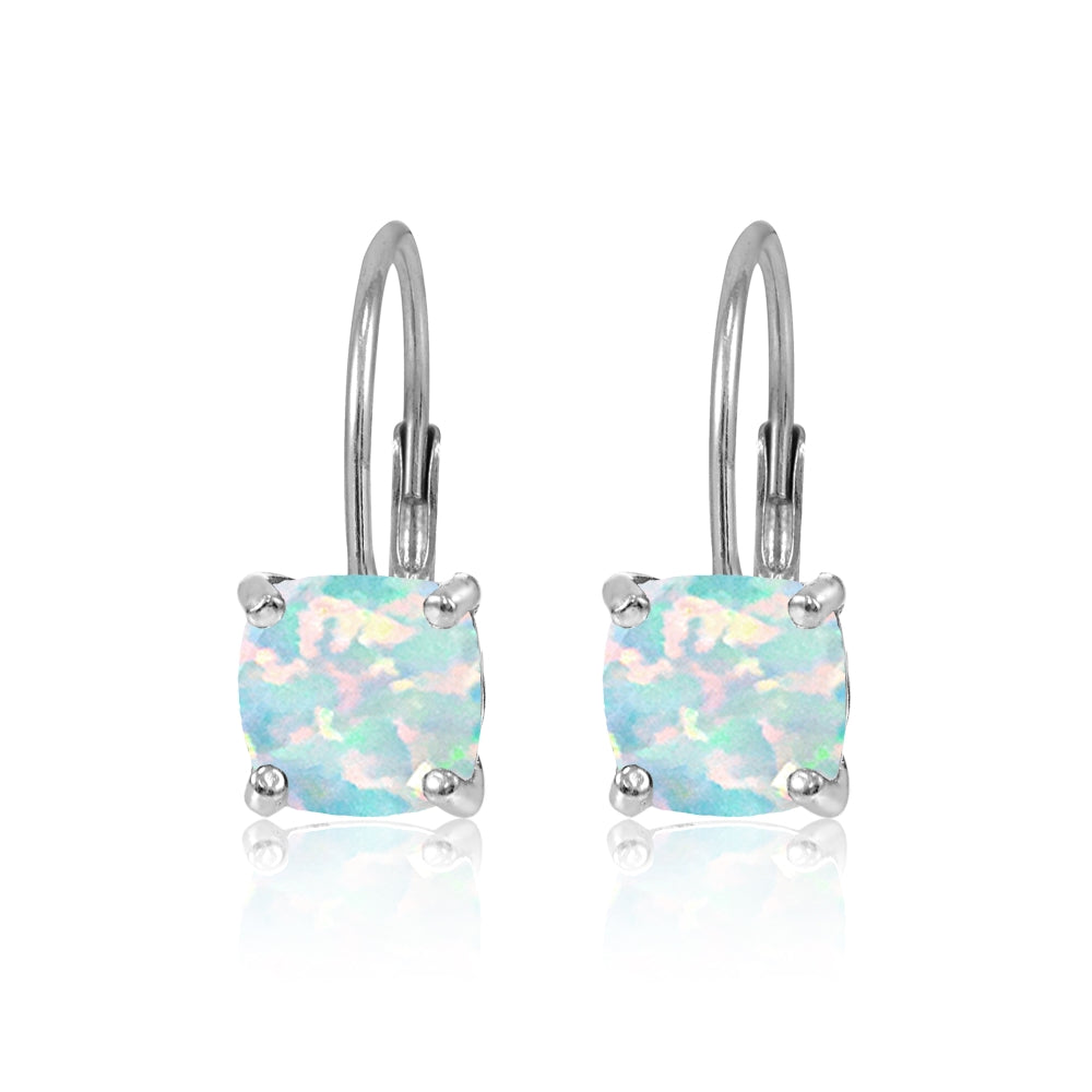 Sterling Silver Created White Opal 7x7mm Cushion-Cut Leverback Earrings-2