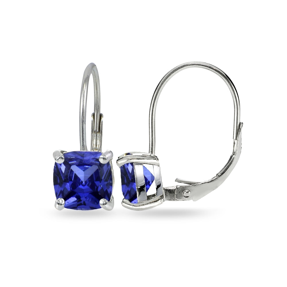 Sterling Silver Created Tanzanite 7x7mm Cushion-Cut Leverback Earrings