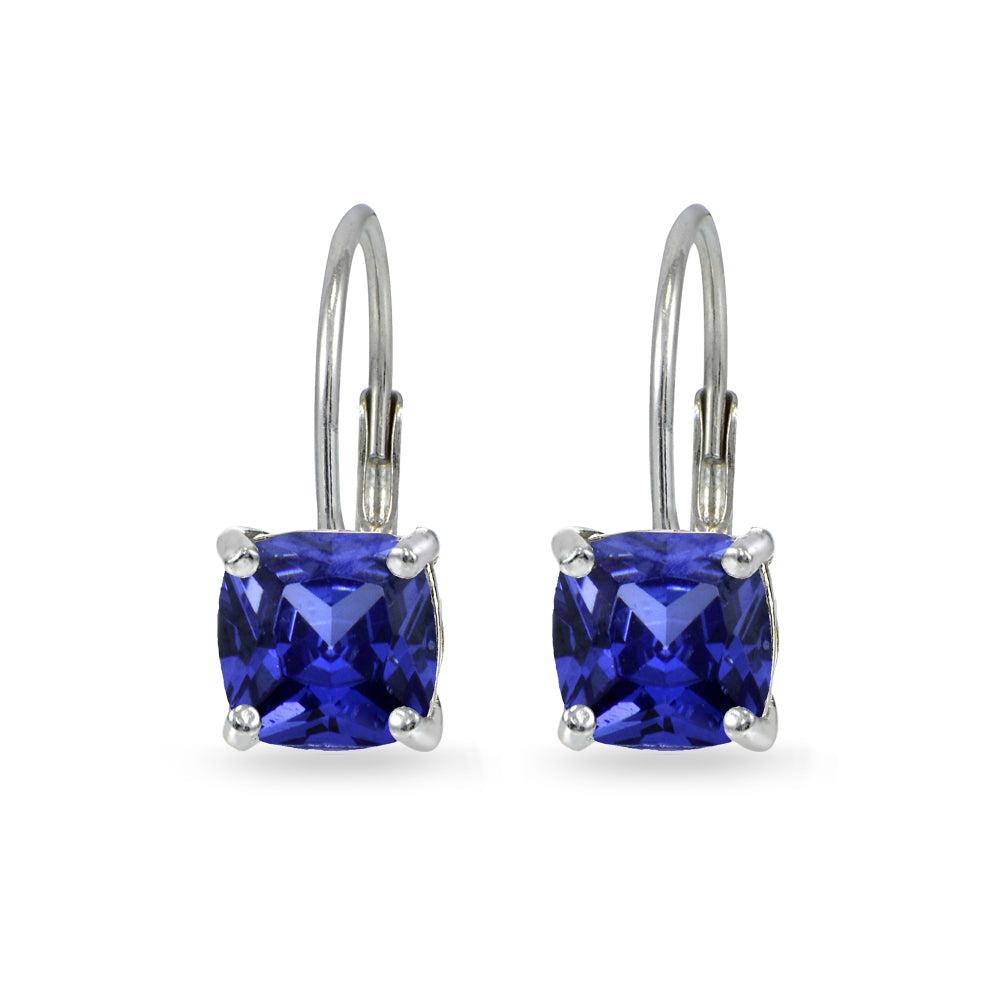 Sterling Silver Created Tanzanite 7x7mm Cushion-Cut Leverback Earrings-2
