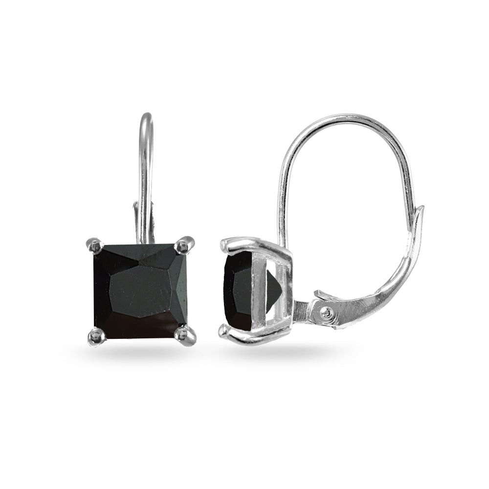 Sterling Silver Black Cubic Zirconia Princess-cut 7x7mm Leverback Earrings