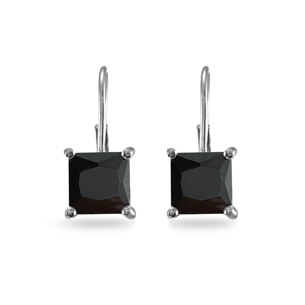 Sterling Silver Black Cubic Zirconia Princess-cut 7x7mm Leverback Earrings-3