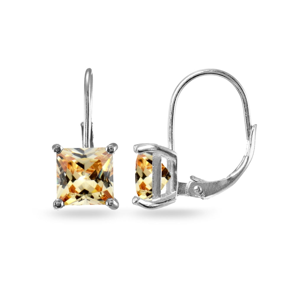 Sterling Silver Champagne Cubic Zirconia Princess-cut 7x7mm Leverback Earrings