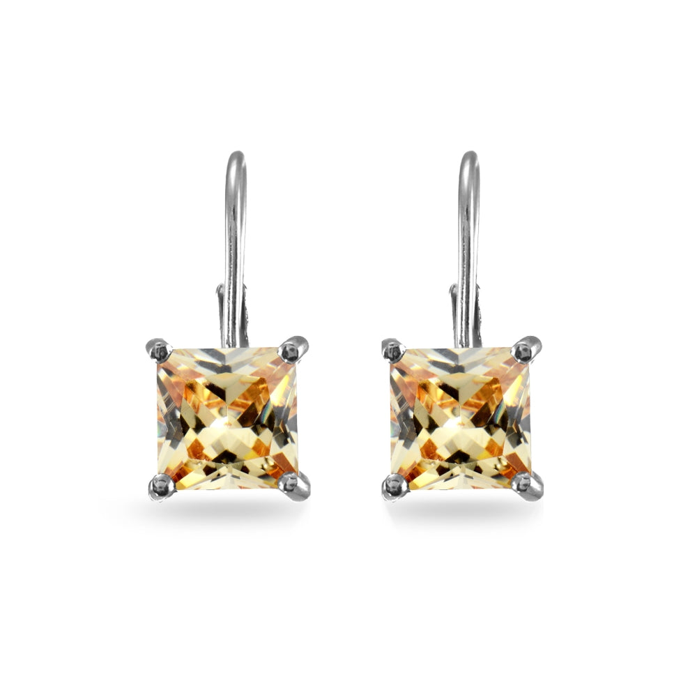 Sterling Silver Champagne Cubic Zirconia Princess-cut 7x7mm Leverback Earrings-3