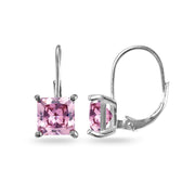 Sterling Silver Pink Cubic Zirconia Princess-cut 7x7mm Leverback Earrings