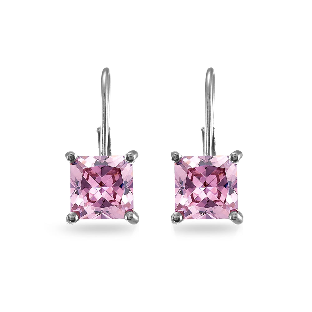 Sterling Silver Pink Cubic Zirconia Princess-cut 7x7mm Leverback Earrings-3