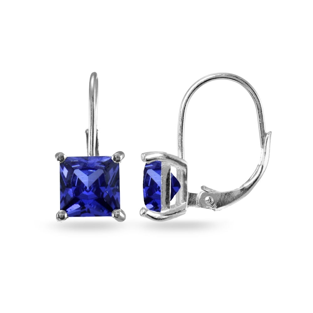 Sterling Silver Blue Cubic Zirconia Princess-cut 7x7mm Leverback Earrings