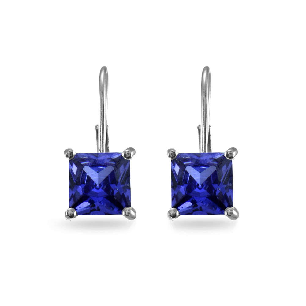 Sterling Silver Blue Cubic Zirconia Princess-cut 7x7mm Leverback Earrings-3
