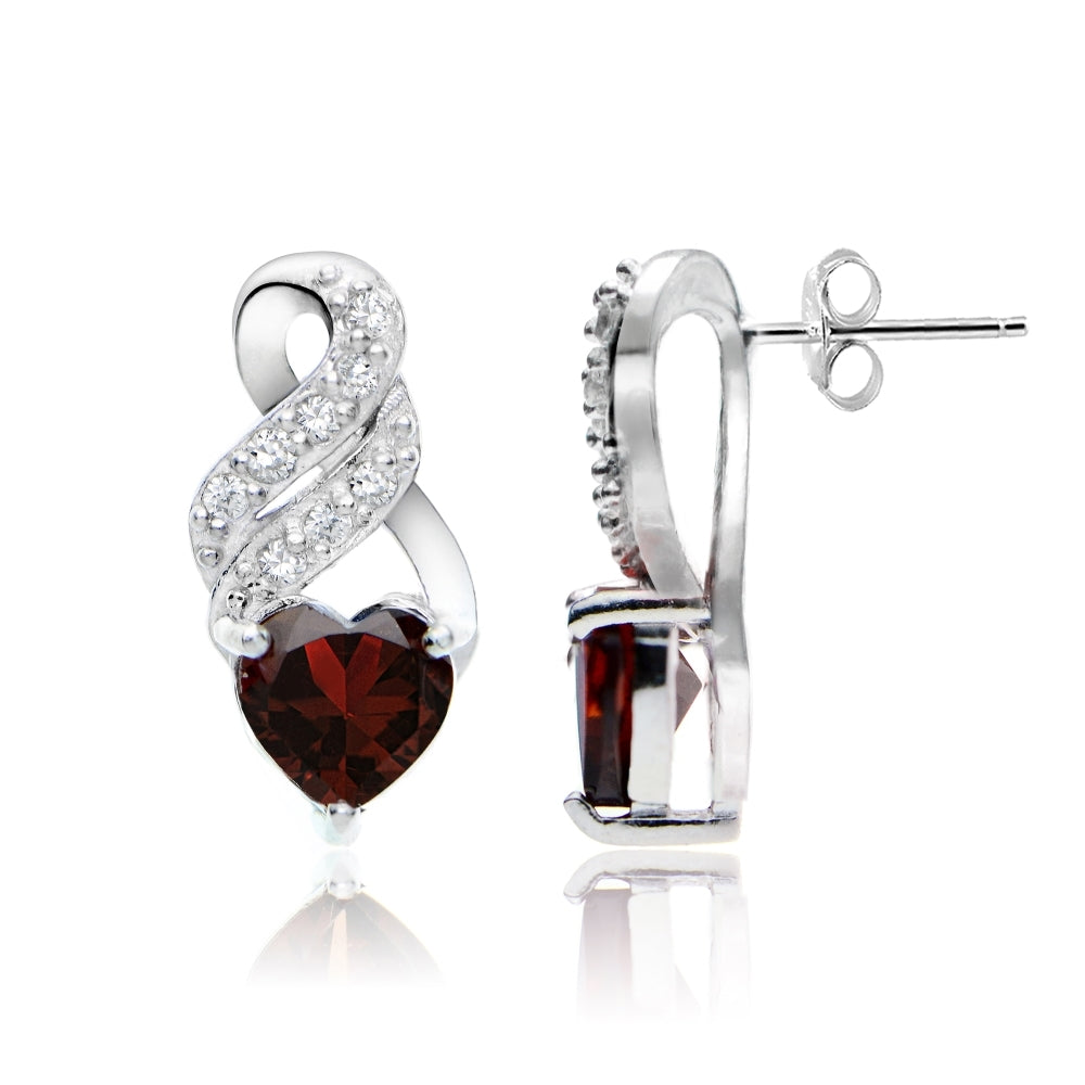 Sterling Silver Garnet and White Topaz Heart DoubleTwist Earrings