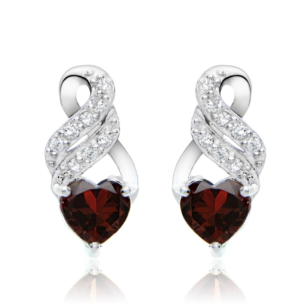 Sterling Silver Garnet and White Topaz Heart DoubleTwist Earrings-2