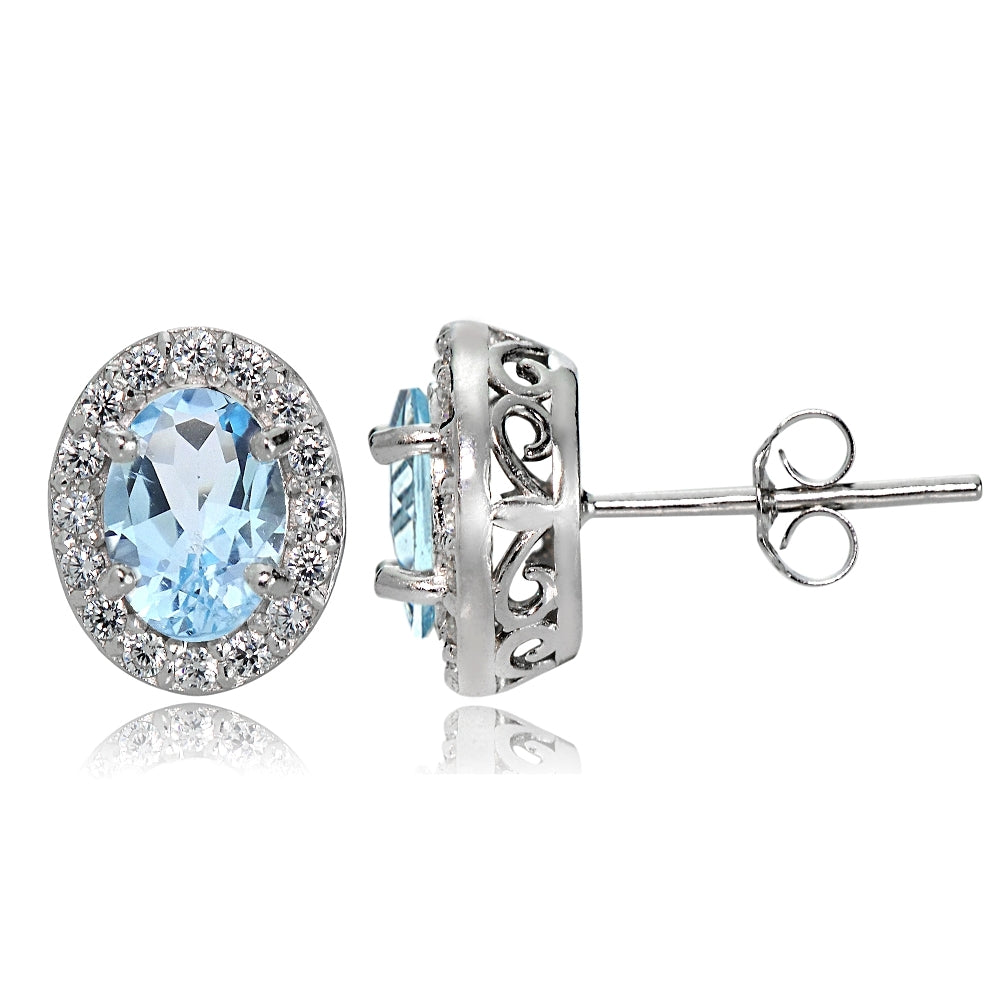 Sterling Silver Blue and White Topaz Oval Halo Stud Earrings