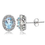Sterling Silver Blue and White Topaz Oval Halo Stud Earrings
