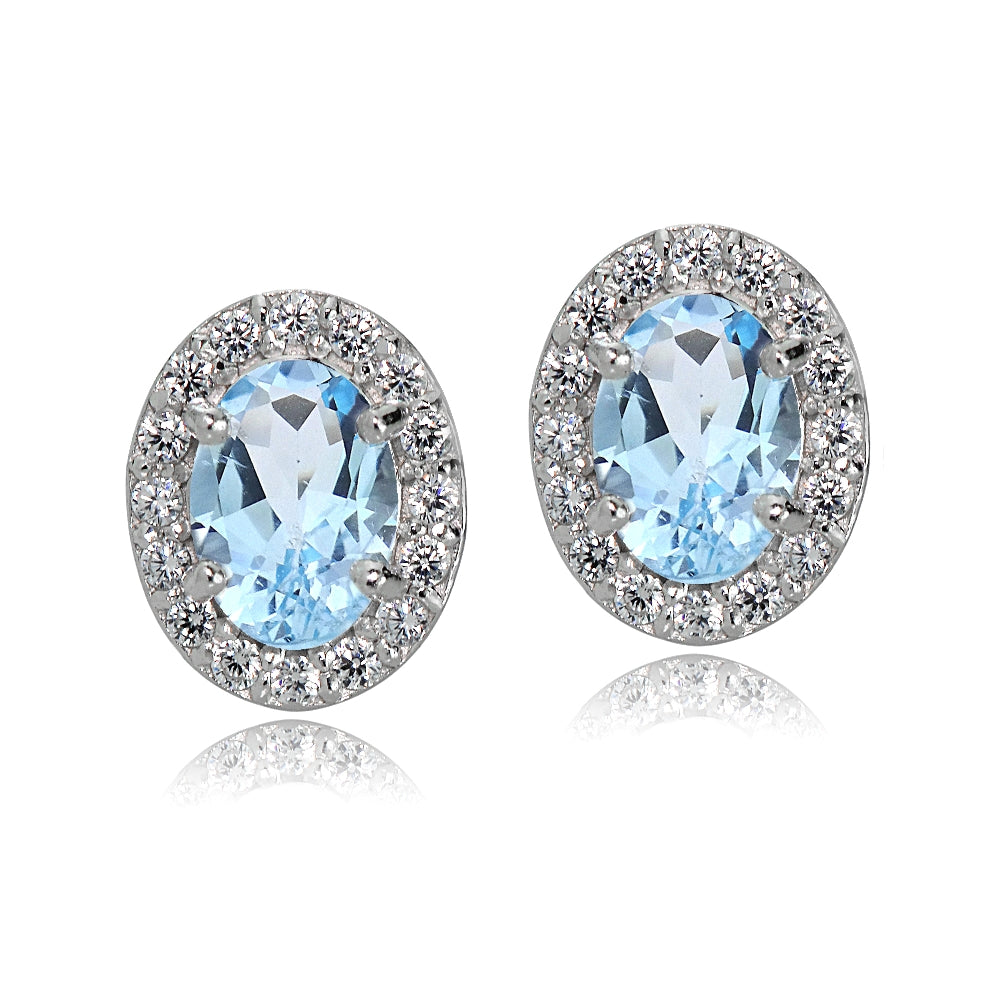 Sterling Silver Blue and White Topaz Oval Halo Stud Earrings-2
