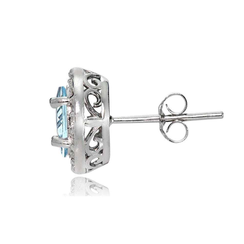 Sterling Silver Blue and White Topaz Oval Halo Stud Earrings-3