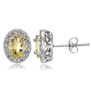 Sterling Silver Citrine and White Topaz Oval Halo Stud Earrings