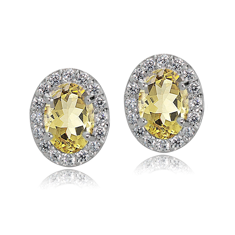 Sterling Silver Citrine and White Topaz Oval Halo Stud Earrings-2