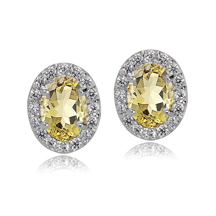 Sterling Silver Citrine and White Topaz Oval Halo Stud Earrings