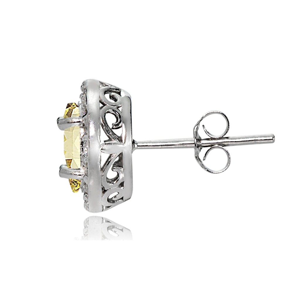 Sterling Silver Citrine and White Topaz Oval Halo Stud Earrings-3