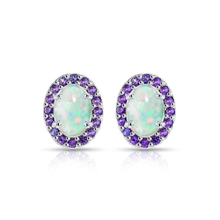Sterling Silver Created White Opal and Amethyst Oval Halo Stud Earrings