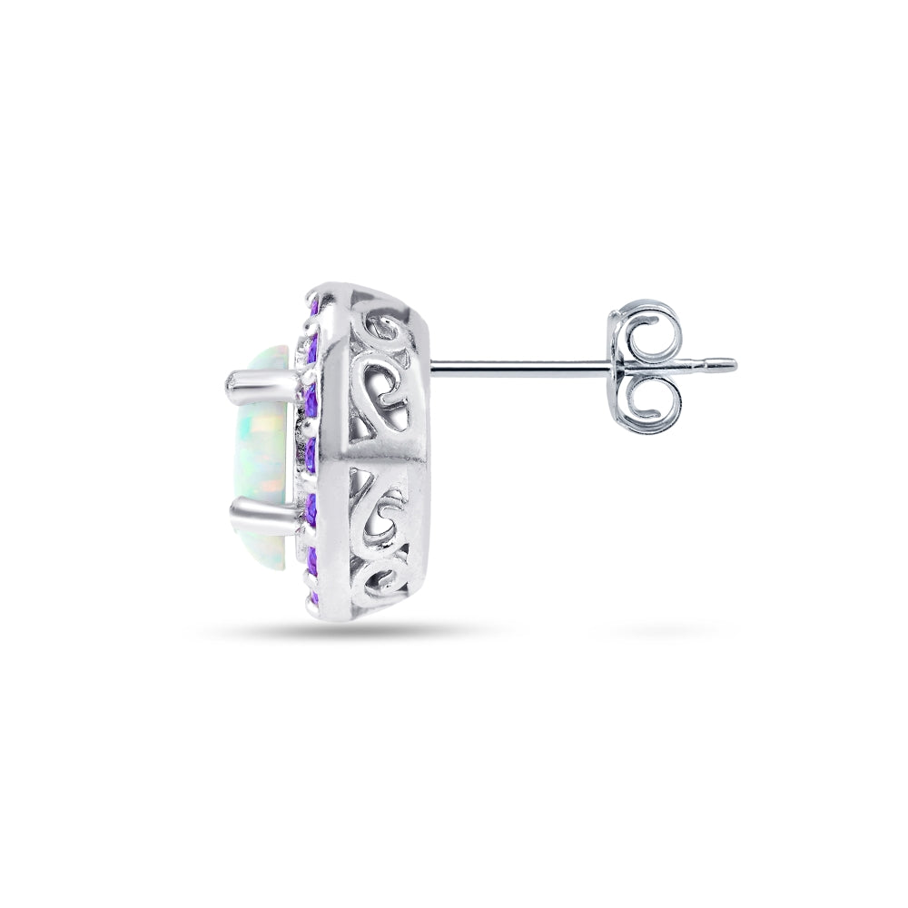 Sterling Silver Created White Opal and Amethyst Oval Halo Stud Earrings-3