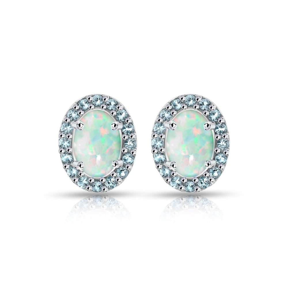 Sterling Silver Created White Opal and Blue Topaz Oval Halo Stud Earrings