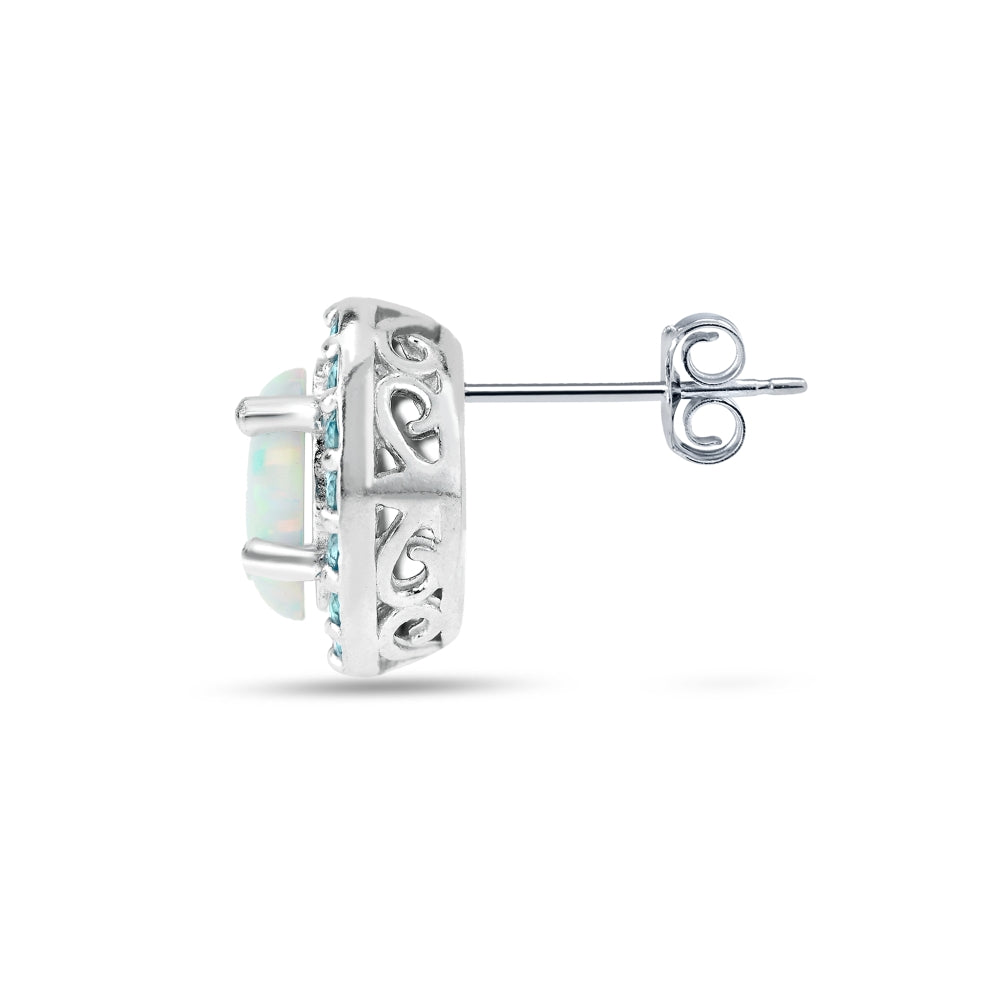 Sterling Silver Created White Opal and Blue Topaz Oval Halo Stud Earrings-3