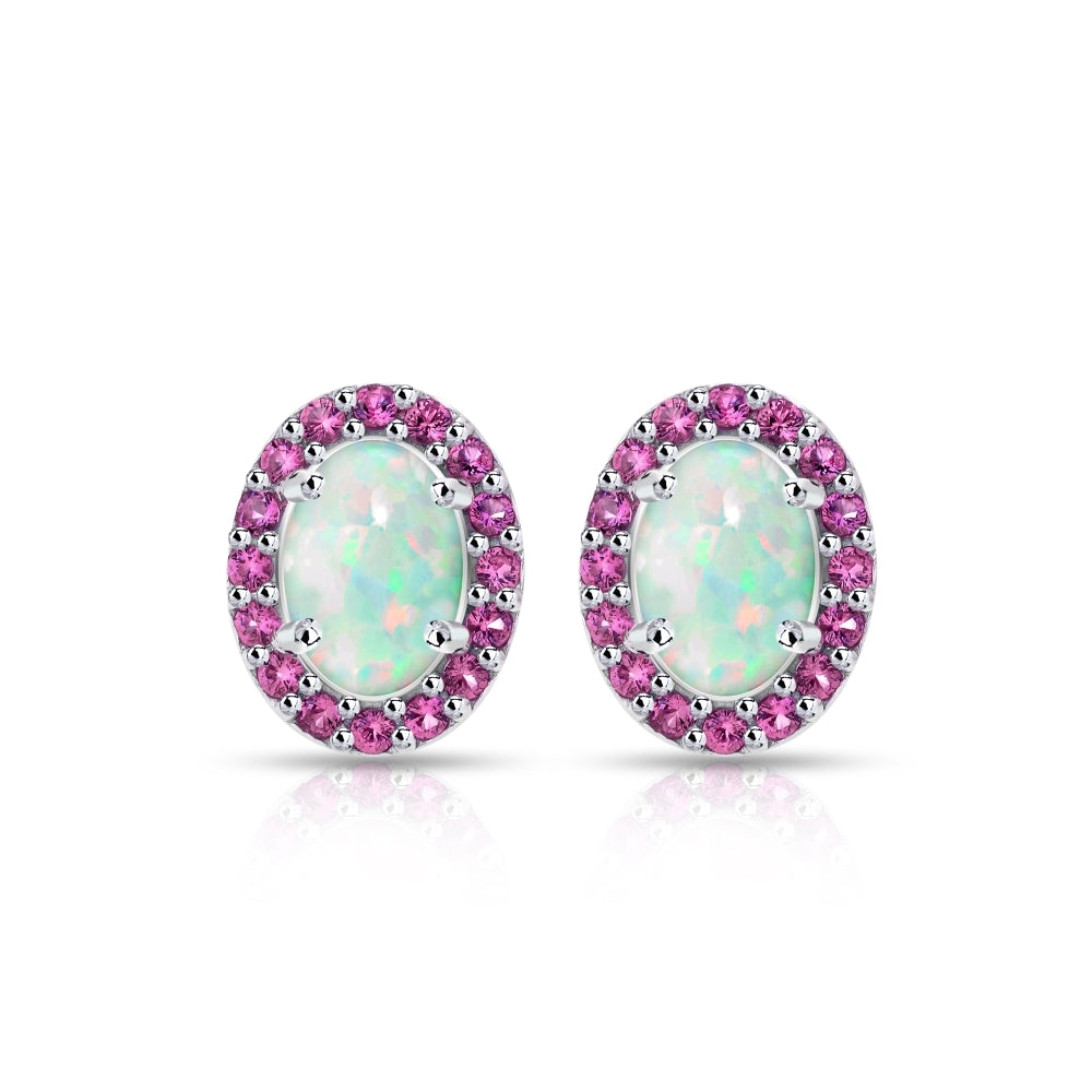 Sterling Silver Created White Opal and Ruby Oval Halo Stud Earrings