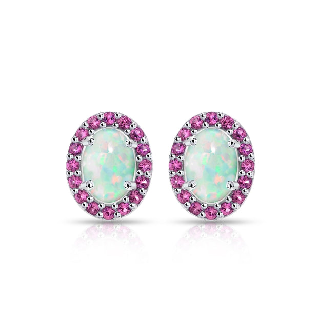 Sterling Silver Created White Opal and Ruby Oval Halo Stud Earrings