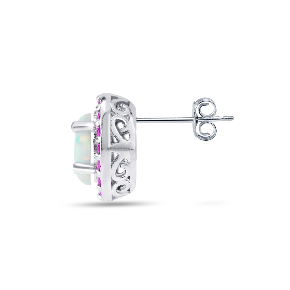 Sterling Silver Created White Opal and Ruby Oval Halo Stud Earrings-3