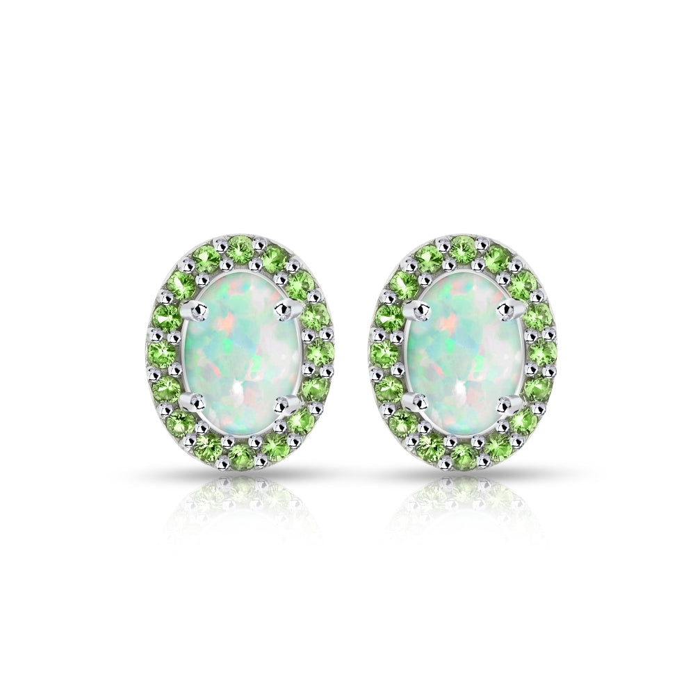 Sterling Silver Created White Opal and Peridot Oval Halo Stud Earrings