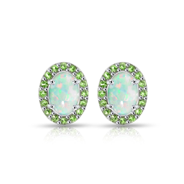Sterling Silver Created White Opal and Peridot Oval Halo Stud Earrings
