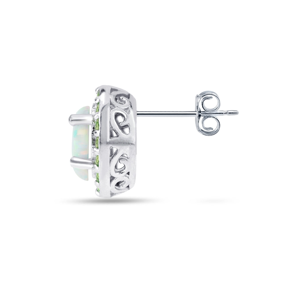 Sterling Silver Created White Opal and Peridot Oval Halo Stud Earrings-3