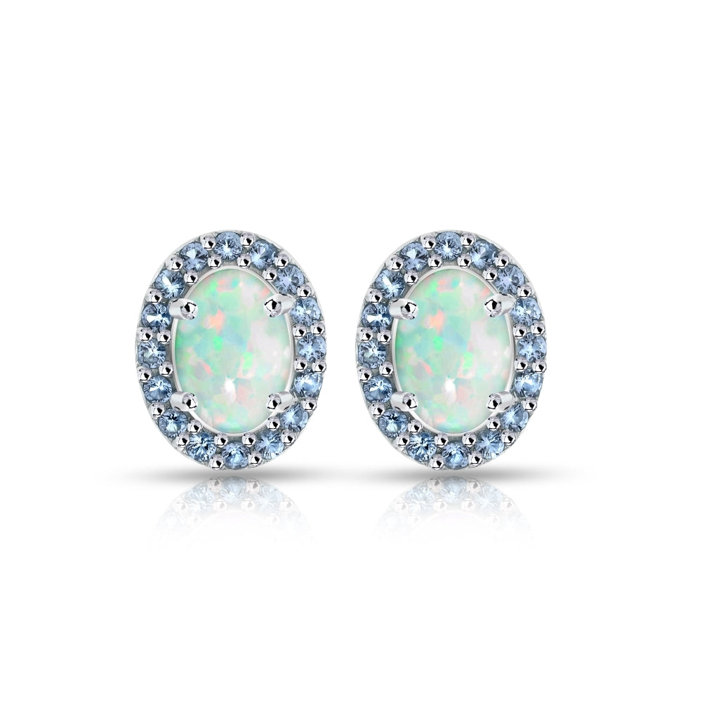 Sterling Silver Created White Opal and Tanzanite Oval Halo Stud Earrings