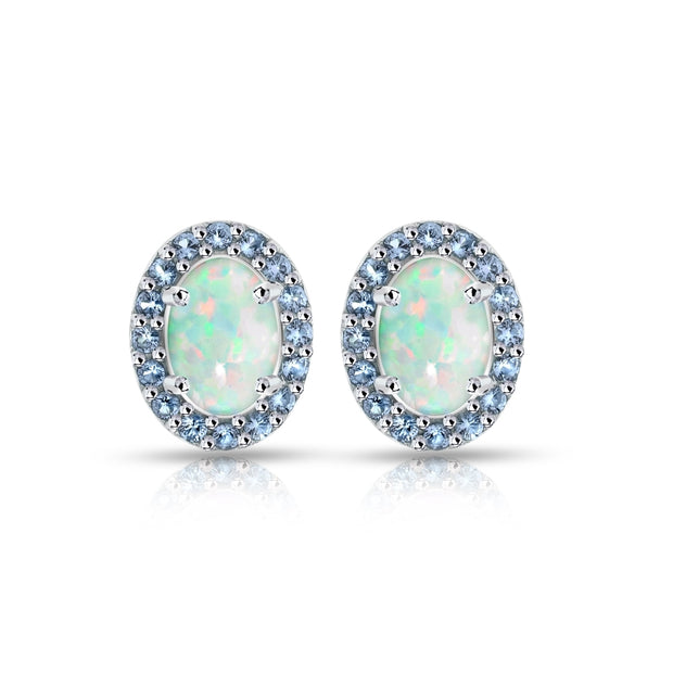 Sterling Silver Created White Opal and Tanzanite Oval Halo Stud Earrings