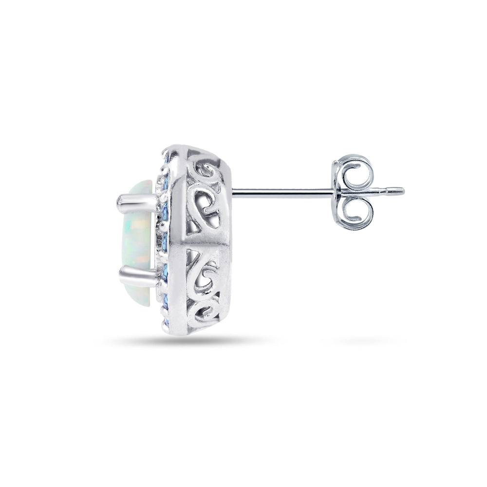 Sterling Silver Created White Opal and Tanzanite Oval Halo Stud Earrings-3