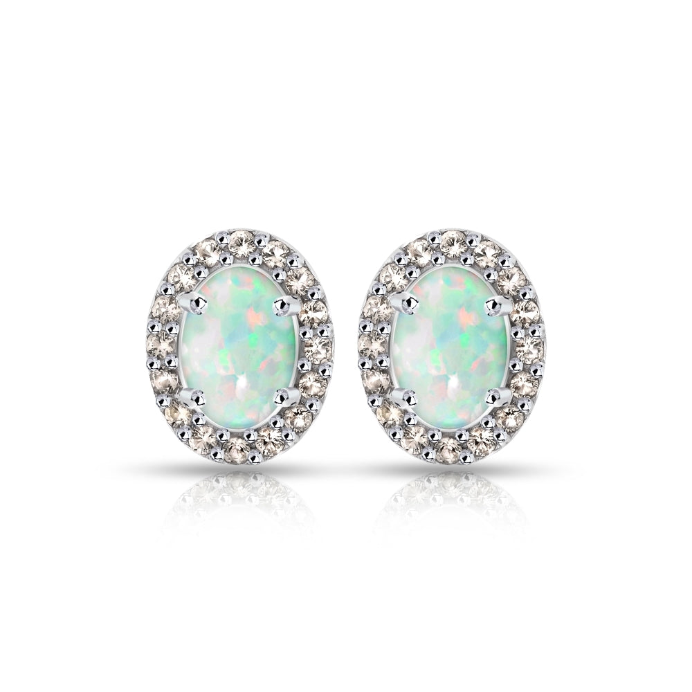Sterling Silver Created White Opal and Morganite Oval Halo Stud Earrings