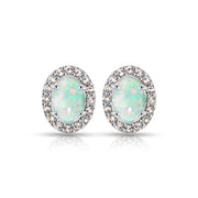 Sterling Silver Created White Opal and Morganite Oval Halo Stud Earrings