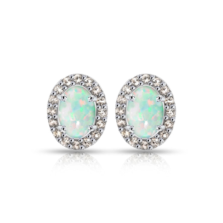 Sterling Silver Created White Opal and Morganite Oval Halo Stud Earrings