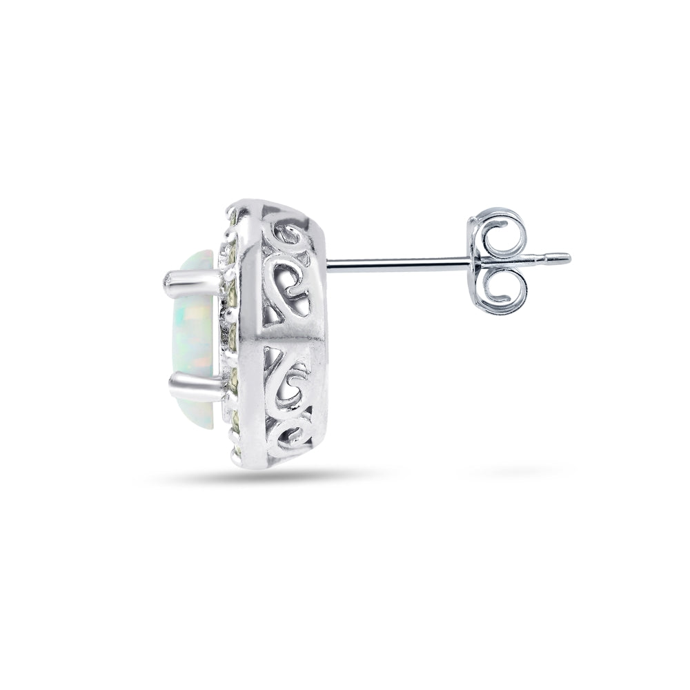 Sterling Silver Created White Opal and Morganite Oval Halo Stud Earrings-3