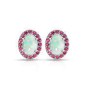 Sterling Silver Created White Opal and Garnet Oval Halo Stud Earrings