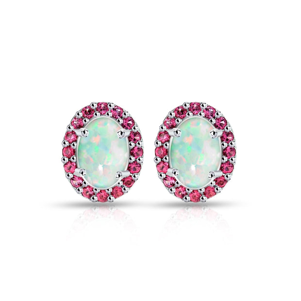 Sterling Silver Created White Opal and Garnet Oval Halo Stud Earrings