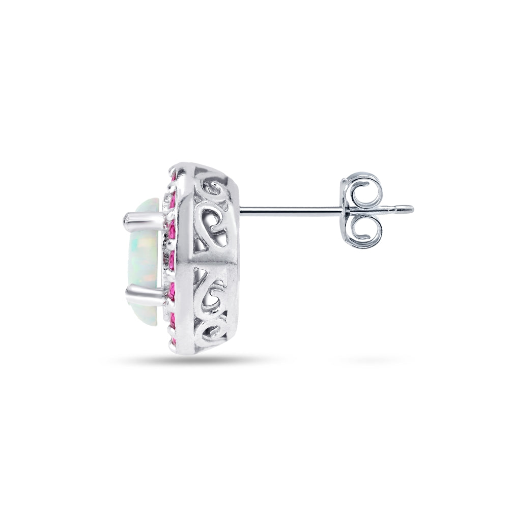 Sterling Silver Created White Opal and Garnet Oval Halo Stud Earrings-3