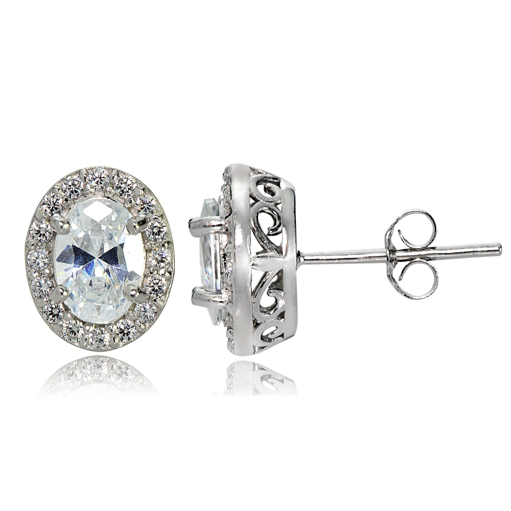 Sterling Silver Cubic Zirconia Oval Halo Stud Earrings