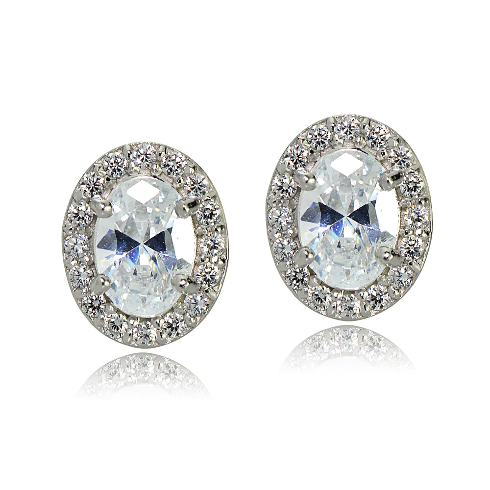Sterling Silver Cubic Zirconia Oval Halo Stud Earrings-2
