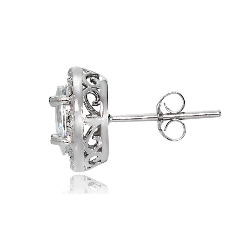 Sterling Silver Cubic Zirconia Oval Halo Stud Earrings-3