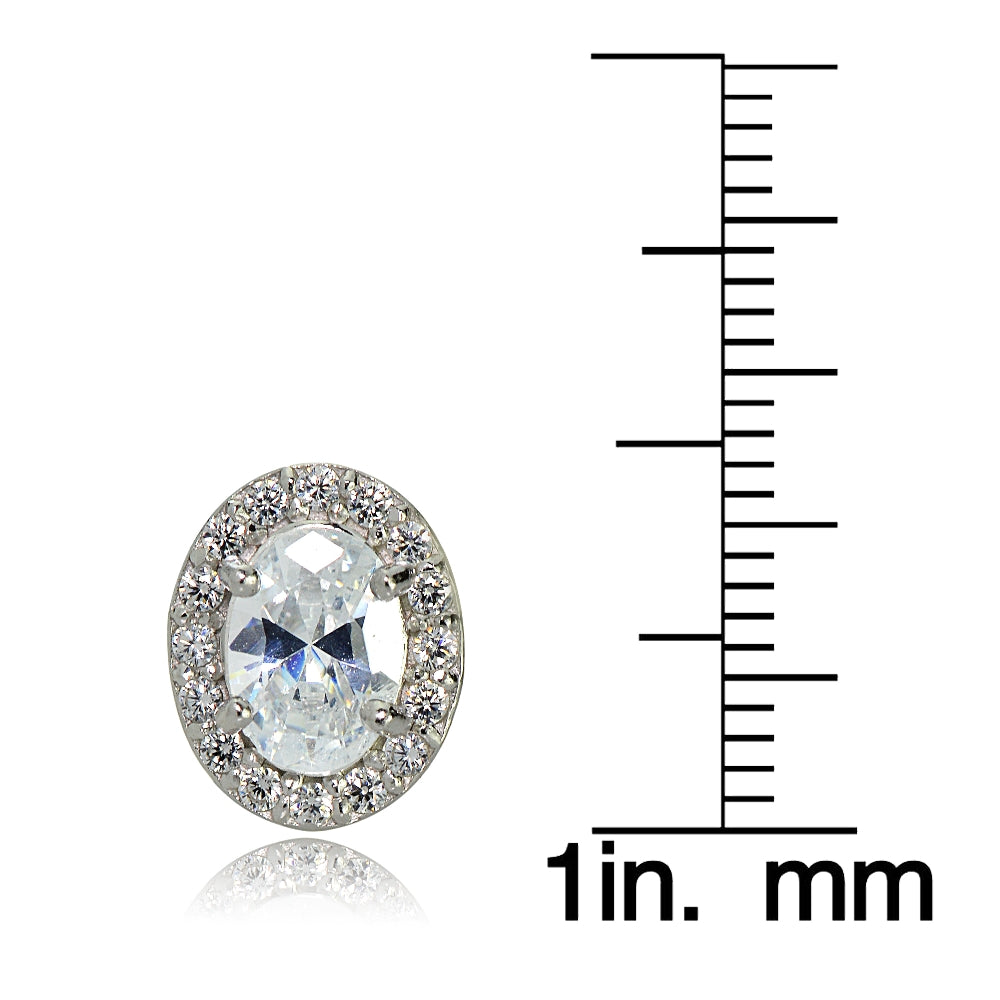 Sterling Silver Cubic Zirconia Oval Halo Stud Earrings-4