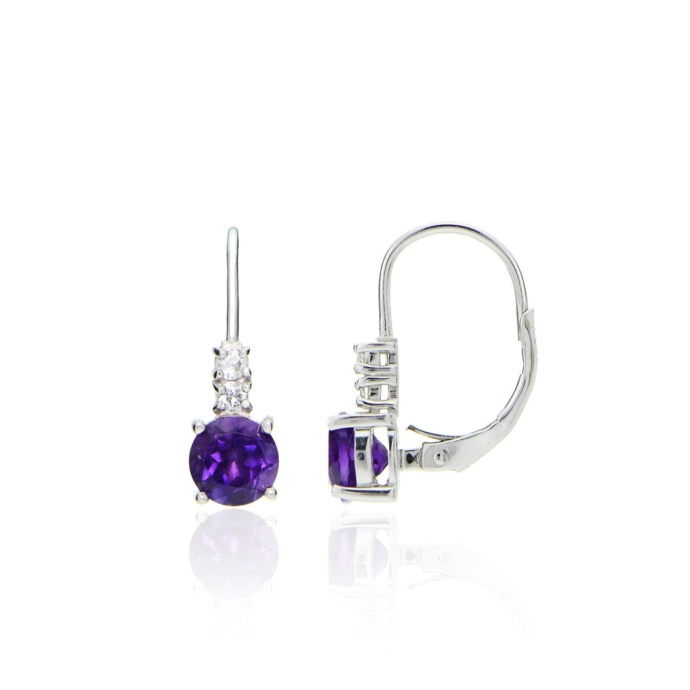 Sterling Silver 1.4ct TGW African Amethyst and White Topaz Round Leverback Earrings