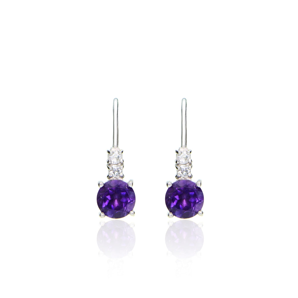 Sterling Silver 1.4ct TGW African Amethyst and White Topaz Round Leverback Earrings-2