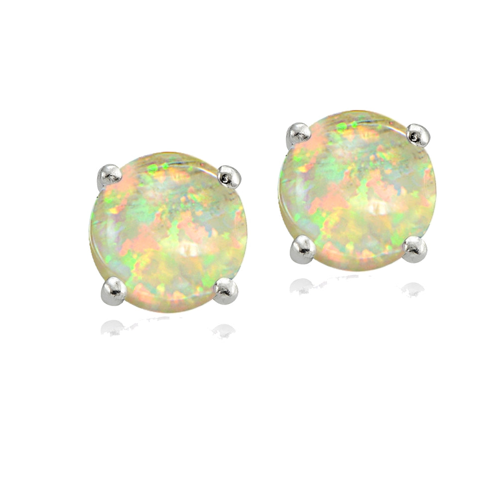 Sterling Silver Created White Opal 7.5mm Round Stud Earrings-2