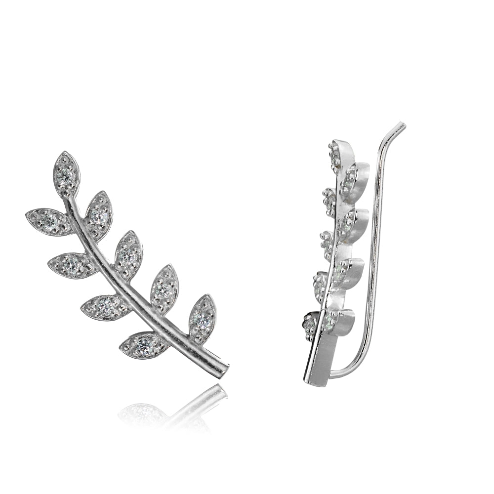 Sterling Silver Cubic Zirconia Leaf Crawler Climber Hook Earrings